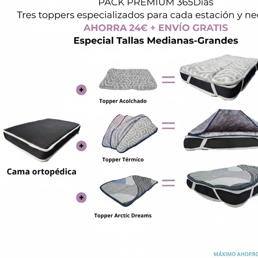 Pack 365 Días Talla L - Cama ortopédica + 3 toppers - Ahorra 24€